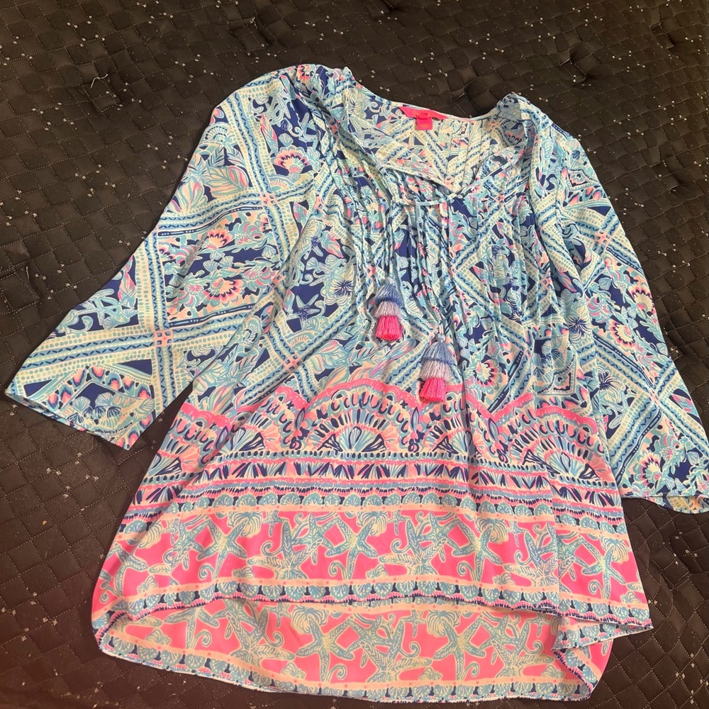 Lilly Pulitzer Blue and Pink Printed Blouse with Tassel Detail